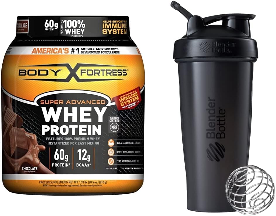 Body Fortress Super Advanced Whey Protein Poudre, Chocolat (1,78 lb) et BlenderBottle Classic Shaker Bouteille (28 oz), Noir