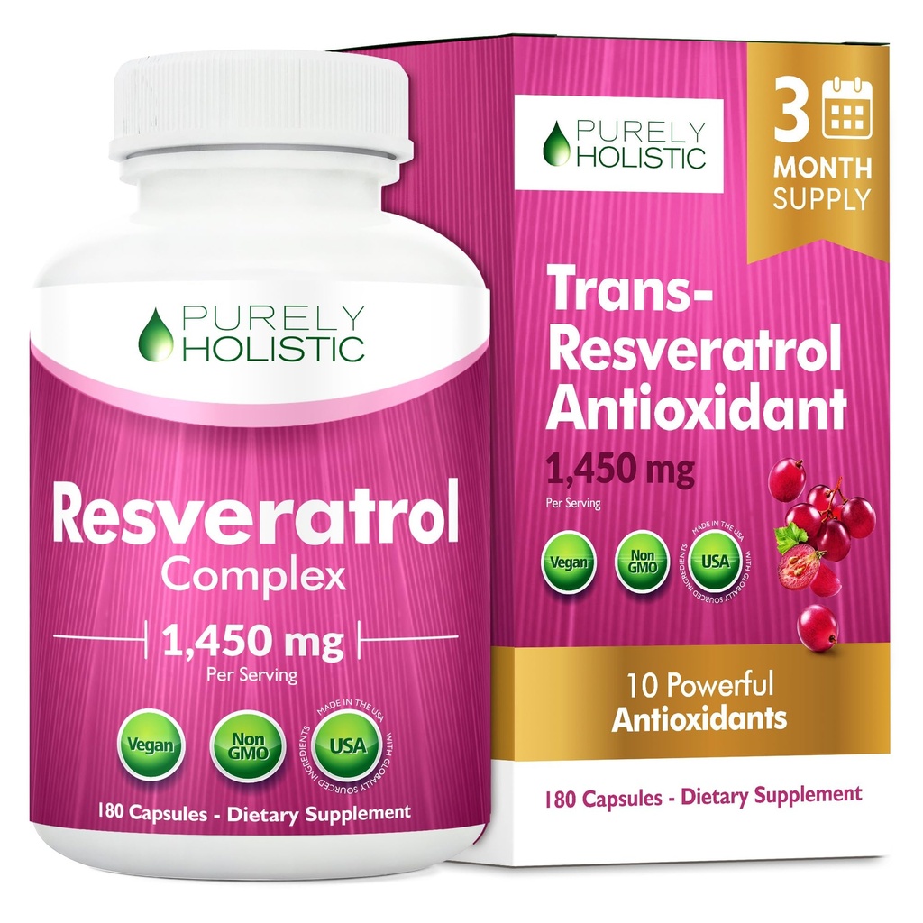 Purely Holistic Resveratrol 1450mg, 90 Servings, Trans-Resveratrol Antioxidant Supplement with Vitamin C and Polyphenol Complex, 180 Vegan Capsules