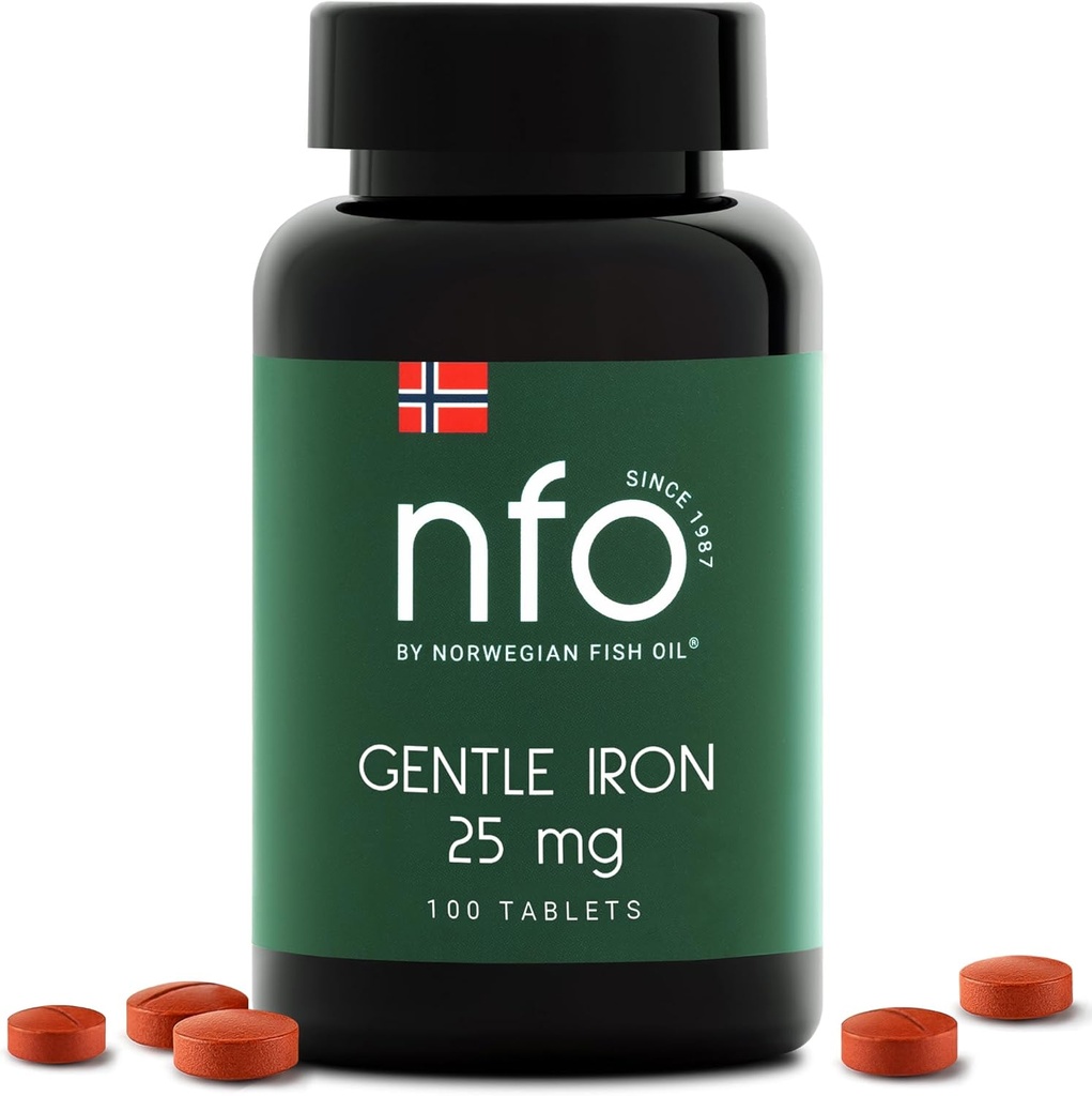 NFO Fer doux [100 comprimés] Complexe norvégien de fer haute absorption avec ferrochel breveté en fer chélaté, doux sur l'estomac, végan-friendly, non constipant