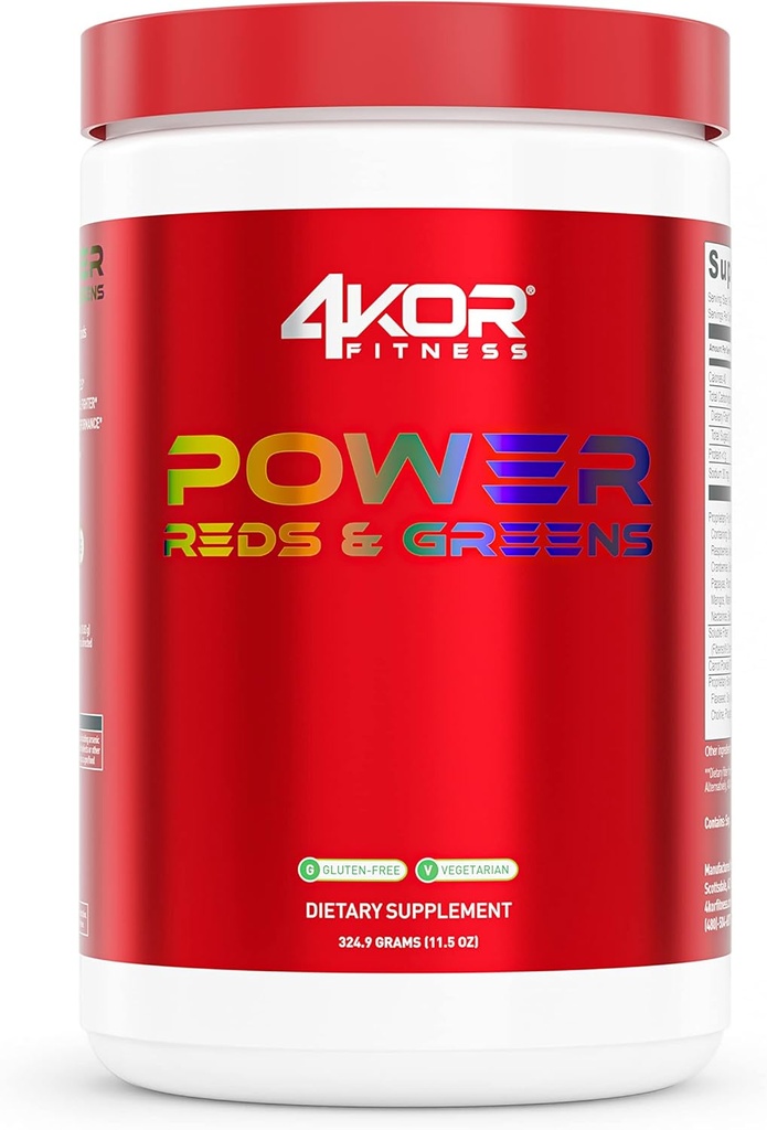 4KOR Fitness Power Reds & Greens: une boisson verte énergétique composée de superaliments antioxydants, sans gluten et végétariens, 30 portions (1 bouteille)