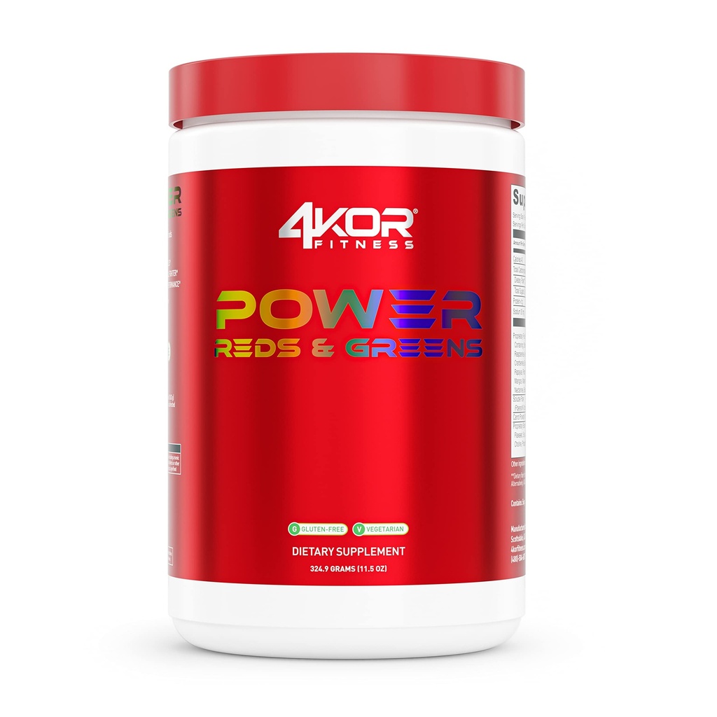 4KOR Fitness Power Reds & Greens: une boisson verte énergétique composée de superaliments antioxydants, sans gluten et végétariens, 30 portions (1 bouteille)