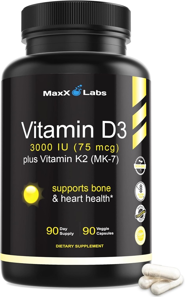 Vitamine D3 K2 3000 UI - avec la vitamine K comme MK-7 de Natto - supplément de vitamine D à haute puissance soutenir les os sains, les dents, le coeur et la fonction immunitaire, sans gluten - 90 capsules