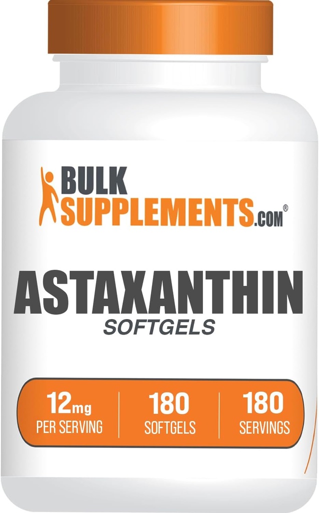 BulkSupplements.com Astaxanthin 12mg Softgels - Suppléments d'astaxanthin, source antioxydante - sans gluten, 1 Softgel par portion, 180 Nombre (paquet de 1)