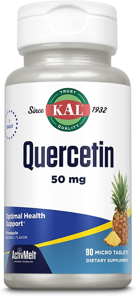 KAL Quercetin ActivMelt, Supplément de soutien optimal pour la santé et le mieux-être, Bioflavonoïdes, Arôme d'ananas naturel, 90 portions, 90 microcomprimés à dissolution instantanée