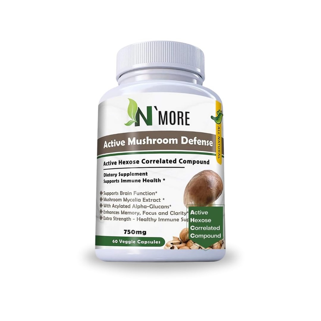 N' PLUS Six champignons actifs Défense Supplément alimentaire soutient la santé immunitaire 60 Capsules de Veggie 750 mg