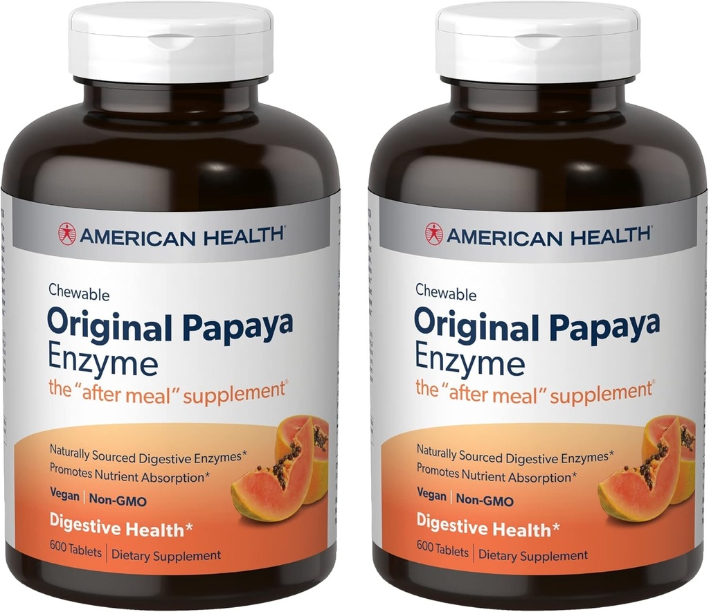 American Health Original Papaya Enzyme - 600 comprimés à croquer, paquet de 2 - Le supplément après-repas - non-OGM, végétalien - 400 portions totales