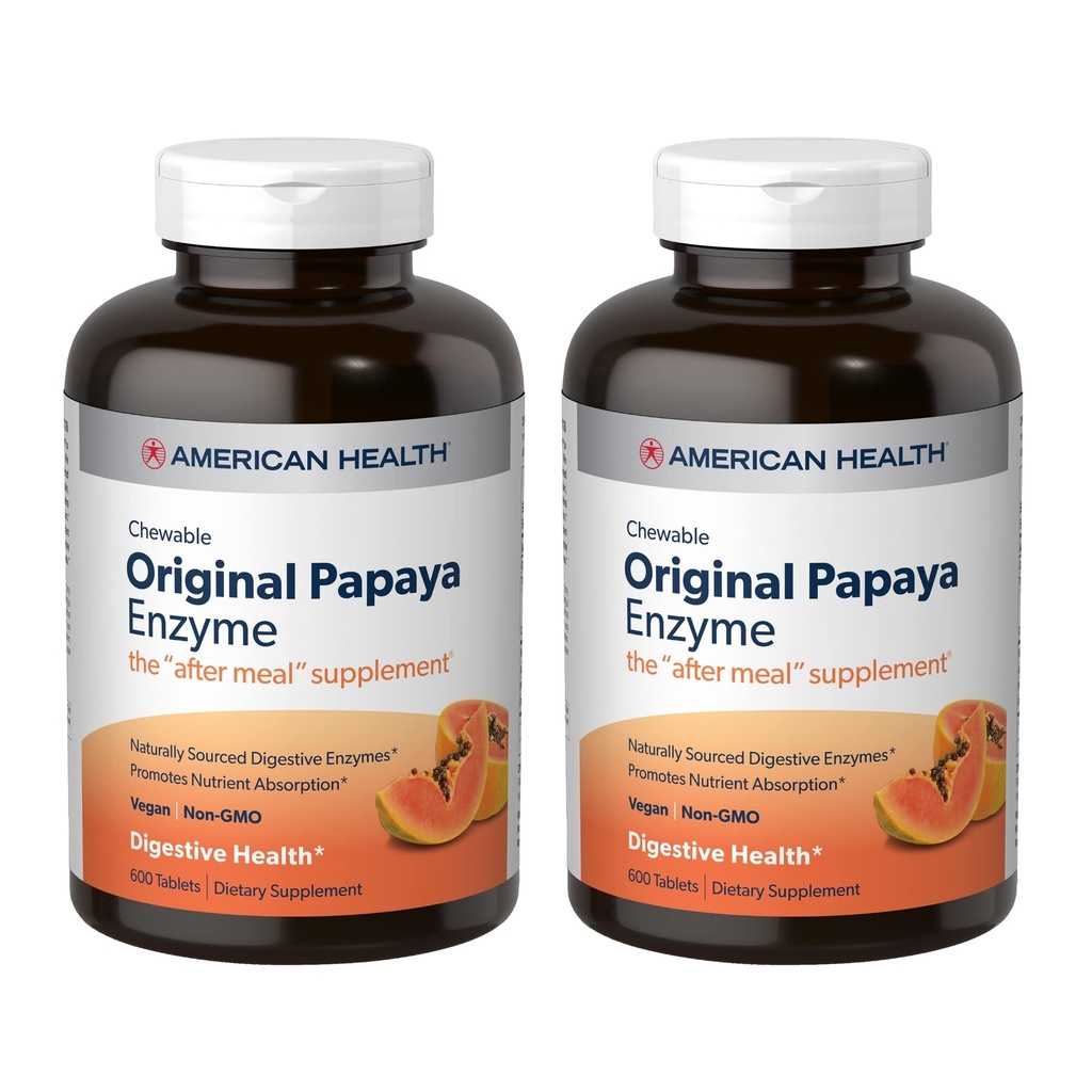American Health Original Papaya Enzyme - 600 comprimés à croquer, paquet de 2 - Le supplément après-repas - non-OGM, végétalien - 400 portions totales