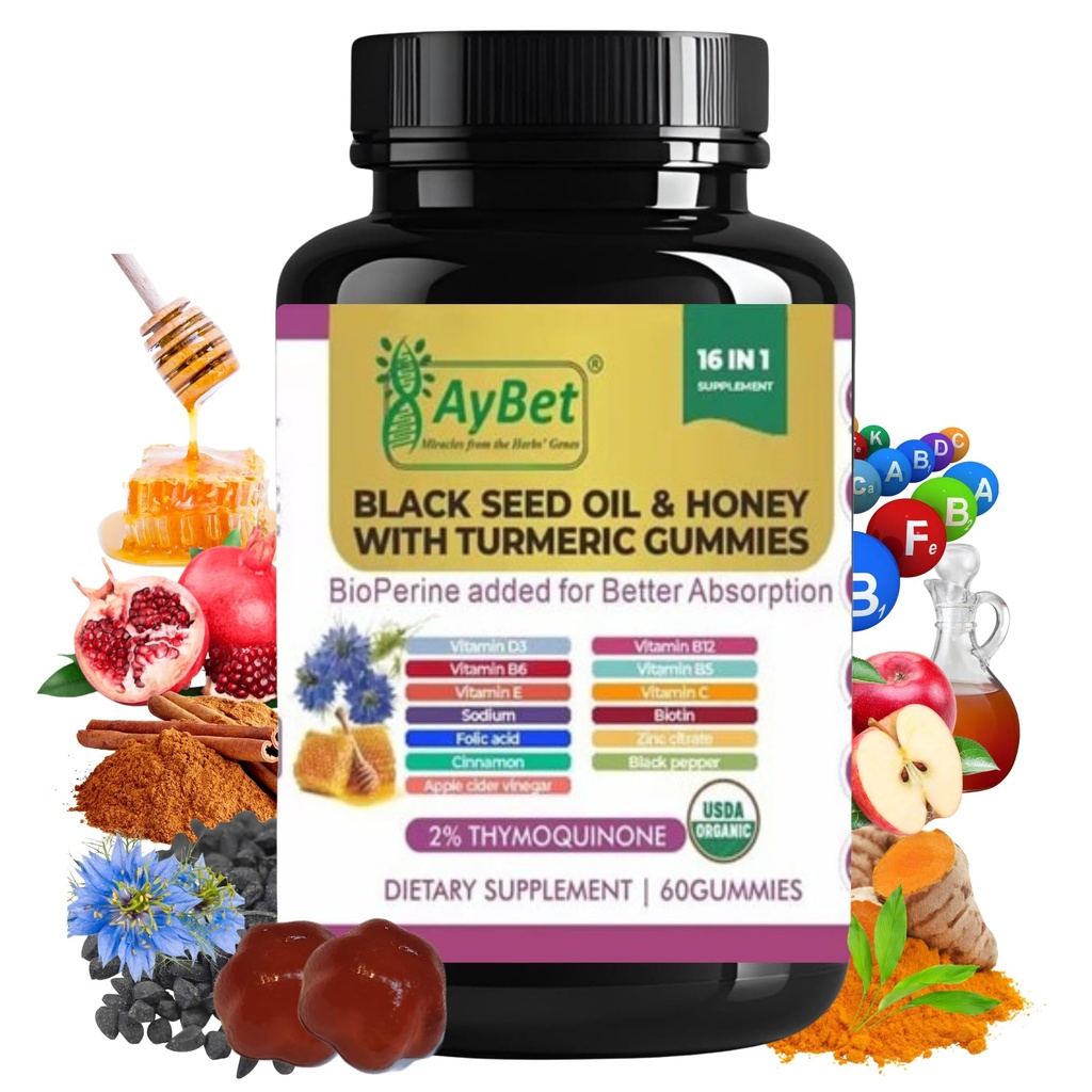Huile de graines noires et miel avec des gommes curcuma avec BioPerine, vinaigre de cidre de pomme, biotine, zinc et vitamines C D3 B12 – Immune, Detox, Energy & Hair Skin Nails Support – 60 gommes végétales, halal, organiques