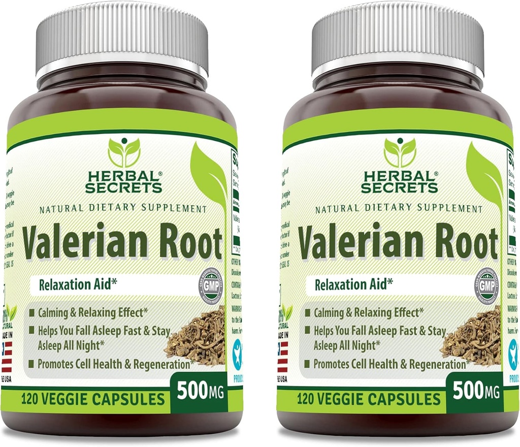 Herbal Secrets Valerian Root 500 Mg Supplément de Veggie Capsules de Veggie (en anglais seulement) Non-GMO (sans gluten) Fabriqué aux États-Unis (2 Pack, 120 Compte)