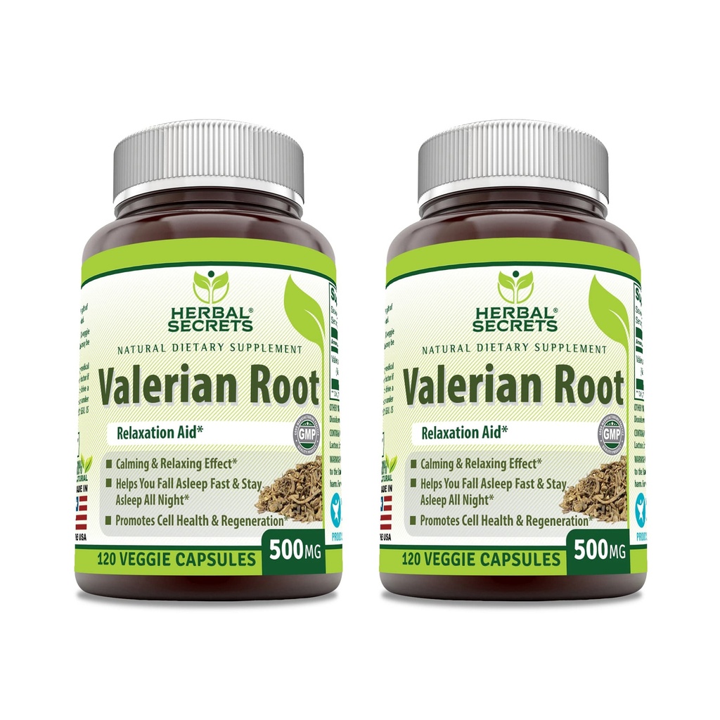 Herbal Secrets Valerian Root 500 Mg Supplément de Veggie Capsules de Veggie (en anglais seulement) Non-GMO (sans gluten) Fabriqué aux États-Unis (2 Pack, 120 Compte)
