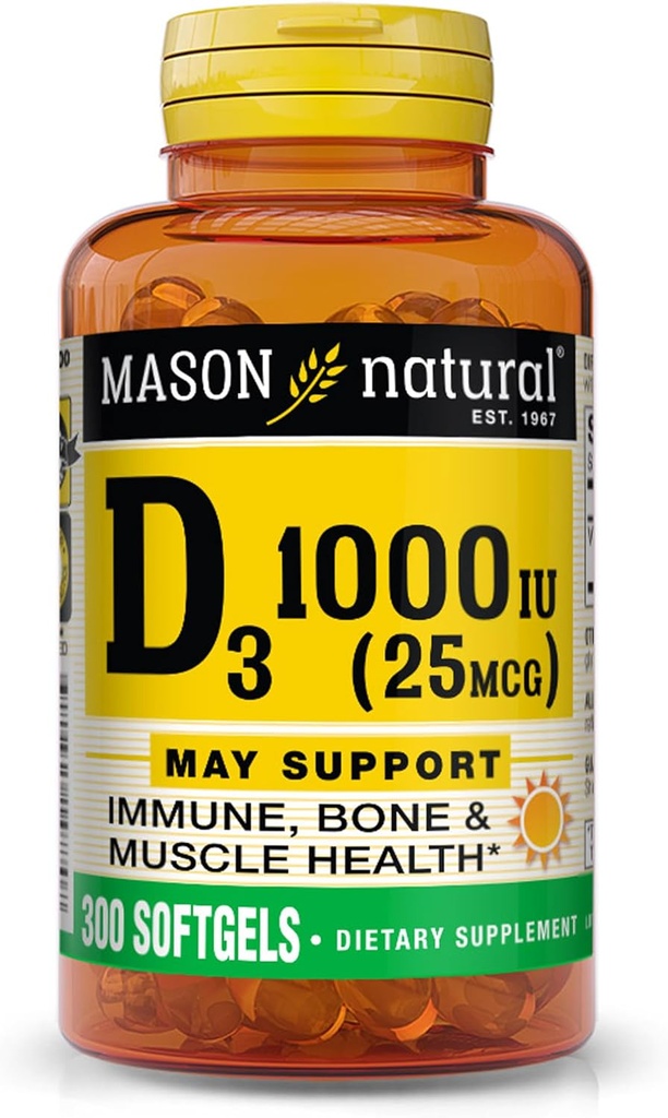 MASON NATURAL Vitamine D3 25 mcg (1000 UI), soutient la santé globale, renforce les os et les muscles, à partir de l'huile de foie de poisson, 300 Softgels