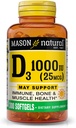 MASON NATURAL Vitamine D3 25 mcg (1000 UI), soutient la santé globale, renforce les os et les muscles, à partir de l'huile de foie de poisson, 300 Softgels
