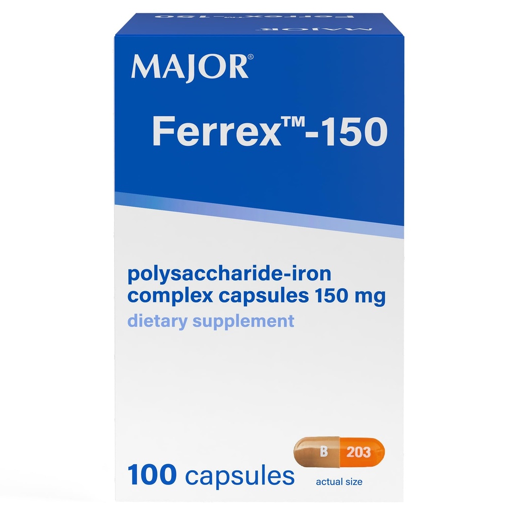 MAJOR Ferrex-150 Polysaccharide-Iron Complex Capsules 150mg supplément de fer pour les femmes et les hommes – doux sur l'estomac – 100 capsules