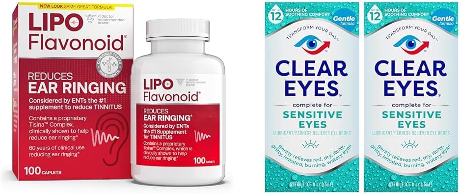 Lipo-Flavonoïde Acouphène Relief Ear Santé Vitamines 100 Caplets et yeux clairs Gouttes oculaires sensibles 0,5 Oz 2 Pack Bundle