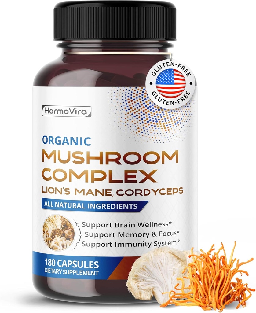 Complexe de Champignons Biologiques avec Manille de Lion, Cordyceps & Turkey Tail – Soutien Cerveau, Mémoire et Immune – 180 Capsules (6-Mois)