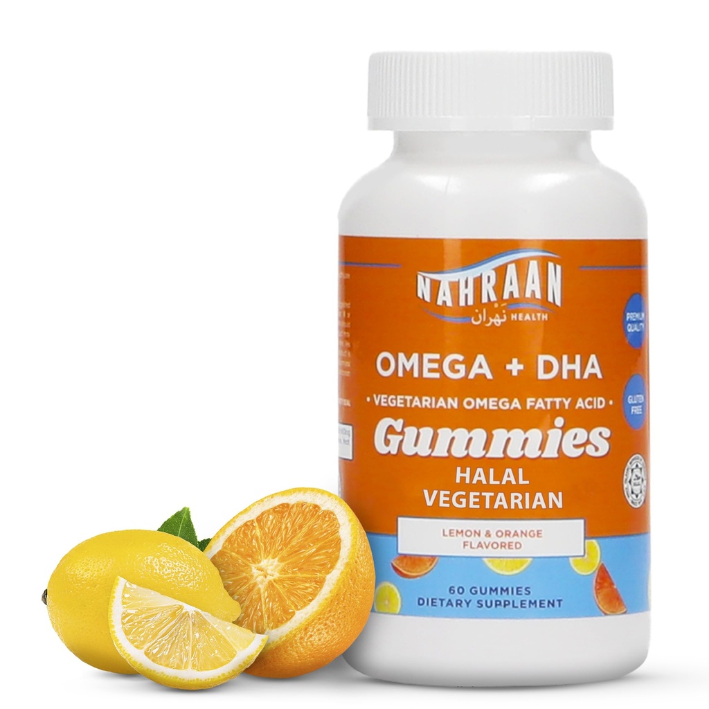 Halal Omega 3 pour adultes et enfants - Omega 3 Gommies végétariennes au citron et au parfum orange - Gommies adultes et enfants - 60 Nombre