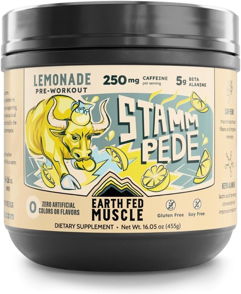 Poudre de pré-entraînement de musculation de la Fed de Terre, Saveur de citron, 250 mg de poudre de caféine, 5g Beta Alanine, Citrulline, Taurine et Tyrosine, Préparation sans gluten et sans sucre, Keto Friendly, 26 portions