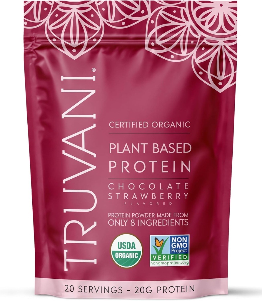 Truvani Poudre de protéines de pois végétaliens au chocolat Fraise de 20g Protéine biologique à base de plantes 20 portions