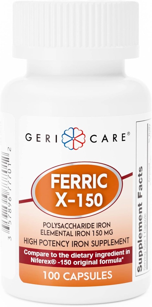 GeriCare Ferric X-150 supplément de fer polysaccharidique de haute puissance, capsules de fer élémentaire, 100 Compte (paquet de 1)