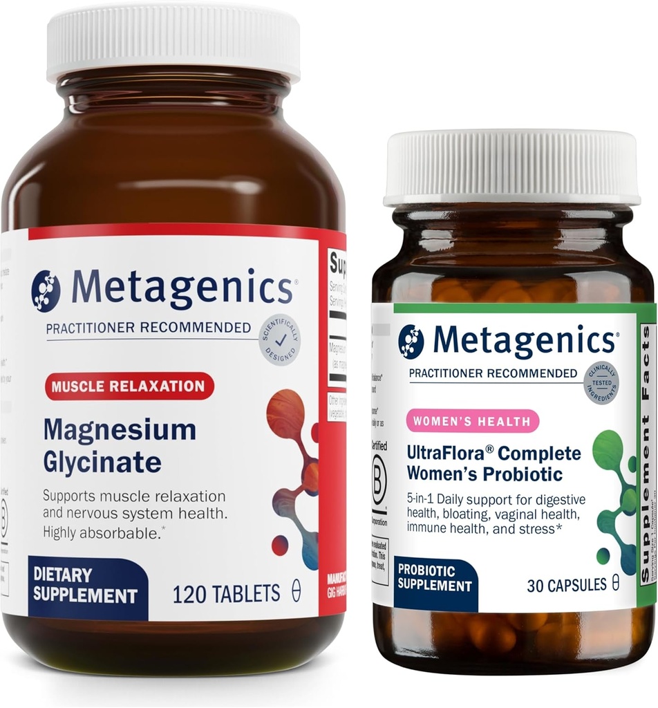 Métagène Glycinate de magnésium (120 comprimés) et probiotique complet UltraFlora pour femmes (30 gélules) - Magnésium absorbant pour le soutien du système nerveux - Aides santé digestive