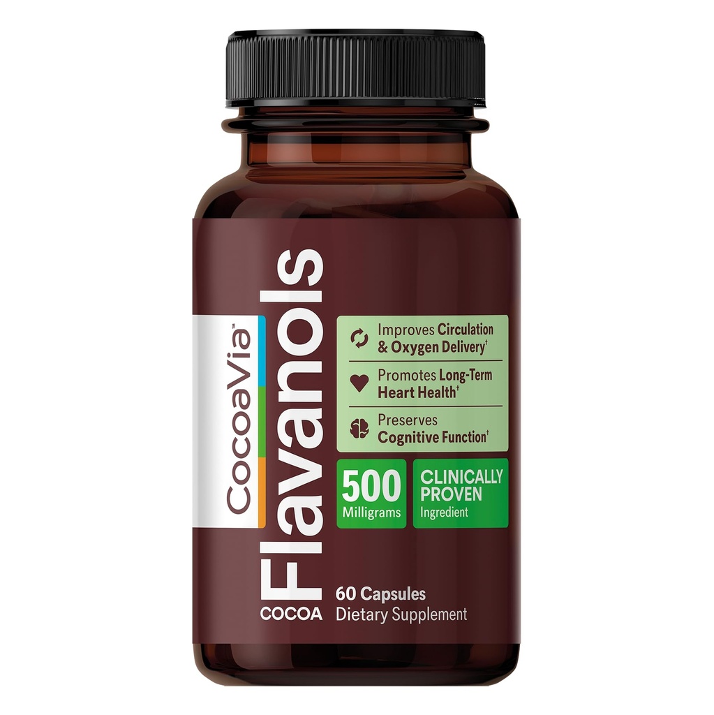 CocaaVia Coeur et Supplément Cerveau, 30 jours, Extrait de Cocaa Flavanol, Mémoire et Booster de Circulation, Oxyde Nitrique, Boost Oxygène et Énergie, Basé sur les plantes, Sans gluten, Vegan, 60 Capsules