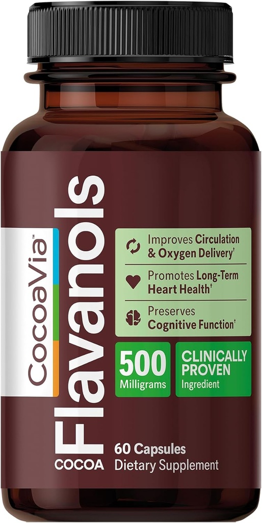 CocaaVia Coeur et Supplément Cerveau, 30 jours, Extrait de Cocaa Flavanol, Mémoire et Booster de Circulation, Oxyde Nitrique, Boost Oxygène et Énergie, Basé sur les plantes, Sans gluten, Vegan, 60 Capsules