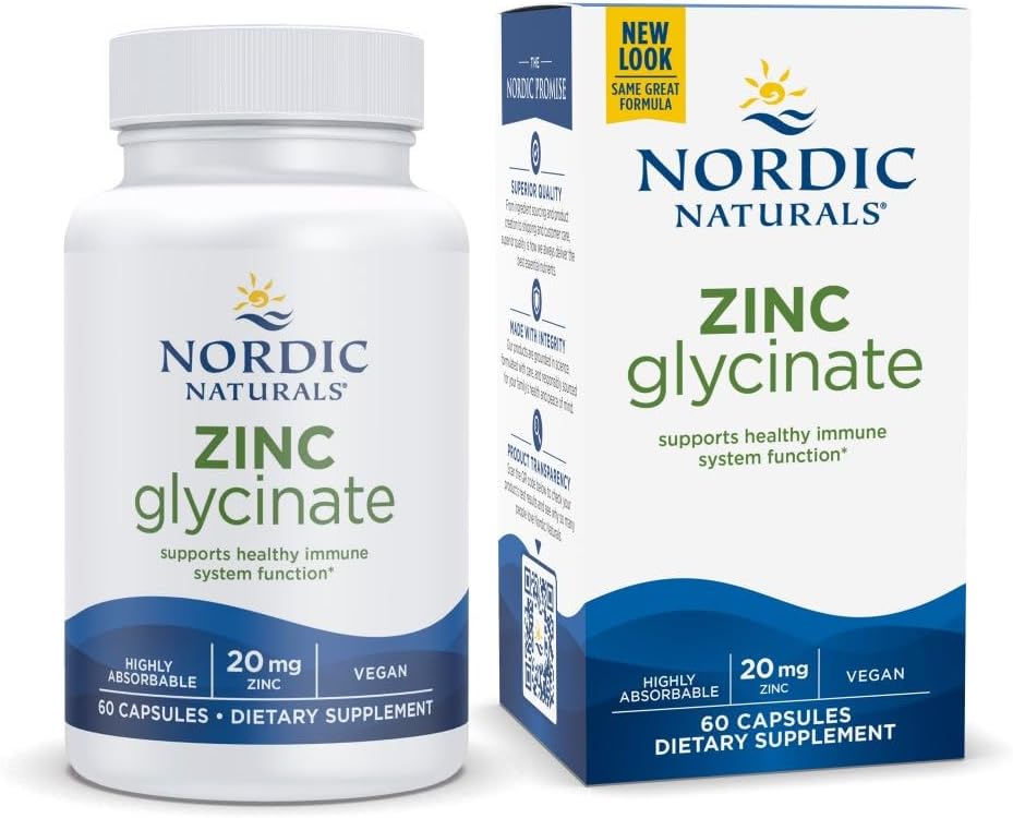 Nordic Naturals glycinate de zinc - 60 capsules - 20 mg glycinate de zinc hautement absorbant - Bien-être optimal - Sans OGM, sans gluten, végétalien - 30 portions