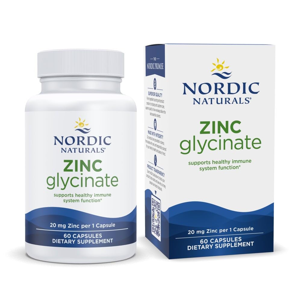 Nordic Naturals glycinate de zinc - 60 capsules - 20 mg glycinate de zinc hautement absorbant - Bien-être optimal - Sans OGM, sans gluten, végétalien - 60 portions