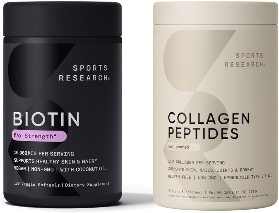 Recherche sportive Peptides de collagène pour les femmes et les hommes Hydrolysés de type 1 et 3 Supplément protéinique Mélange facile d'éléments nutritifs vitaux Protéines et biotine végane 10 000 mcg Max Strength B7 120 Softgels (4 mois d'approvisionnement)