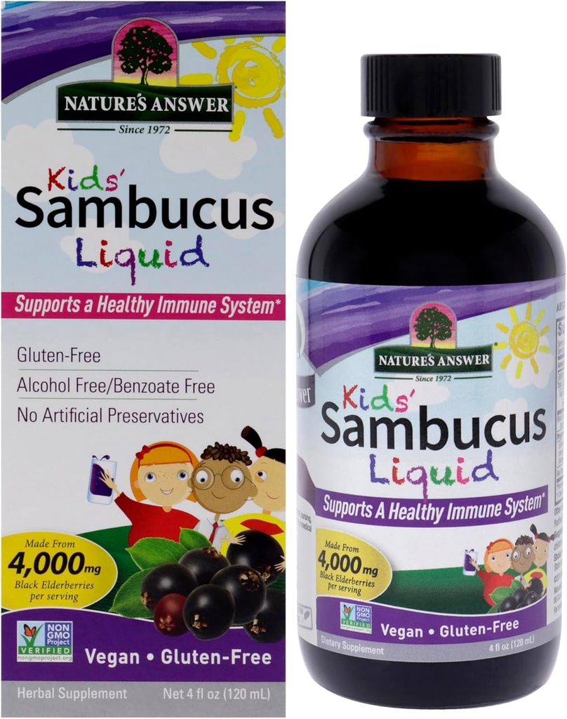 Nature's Answer Bioavailable Sambucus Kids Formula | 4-Fluid Ounces | Kosher Certified Organic Elderberry Syrup | Great Taste & Gluten-Free | Dietary Supplement | No Artificial Preservatives (Pack 1)