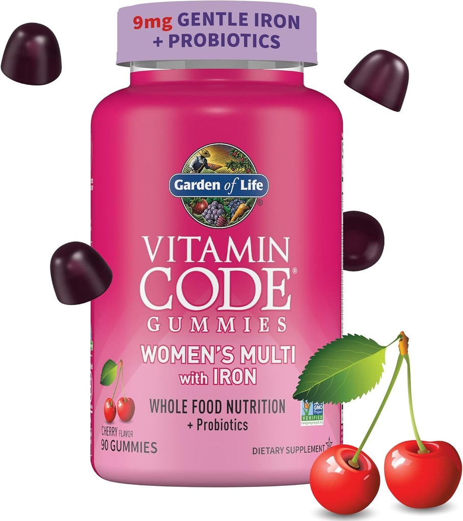 Jardin de la vie Vitamine Code Femmes Multivitamine Gommy avec fer: Folate, Biotine, D3 & B12 pour cheveux, peau et ongles + probiotiques pour la santé immunitaire et la digestion, non-OGM, sans gluten, 90 Gommies cerises