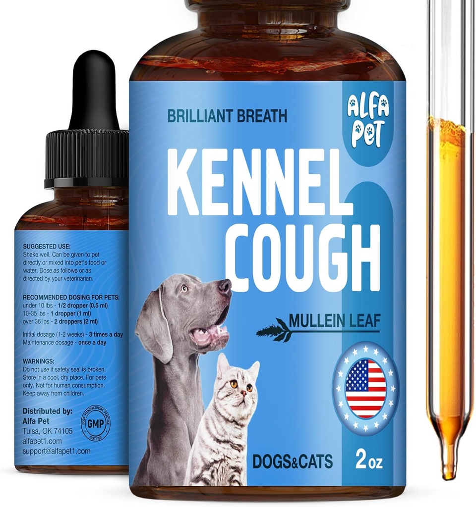 Traitement de la toux des chiens liquide • Toux de chenil pour chiens et chats • pour respirer pendant tout le cycle de vie • Racine de marshmallow + feuille de Mullein dans la composition • Supplément naturel pour toutes les races • 2 Oz