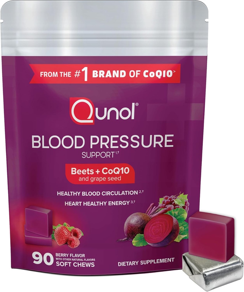 Qunol Beets Chews pour le soutien de la pression artérielle, 3 en 1 betteraves + CoQ10 + extrait de graines de raisin, soutient la circulation sanguine saine et l'énergie du coeur saine, 90 Chews