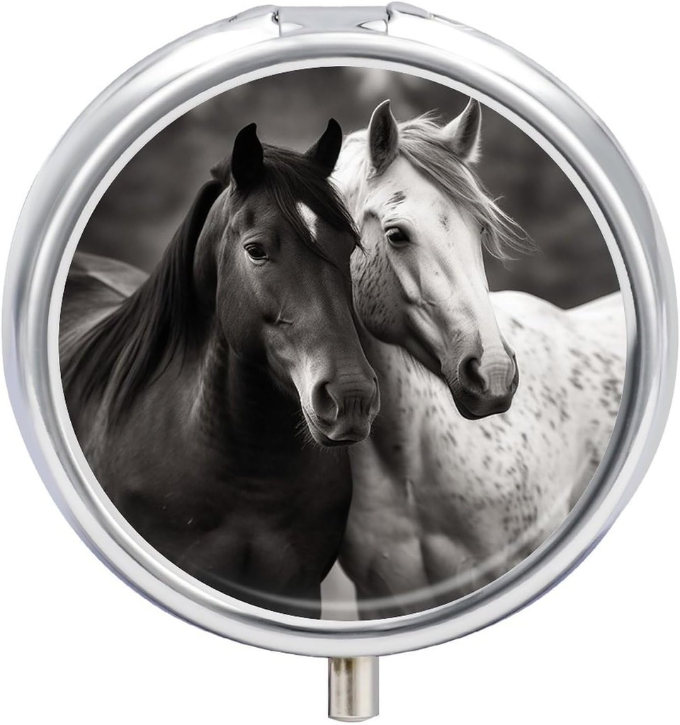 Boîte à pilules ronde Cas de pilule portable pour chevaux noirs et blancs de poche Voyage petit organisateur de pilules 3 compartiment porte-conteneur de pilules métalliques pour la médecine Vitamines Suppléments huile de poisson