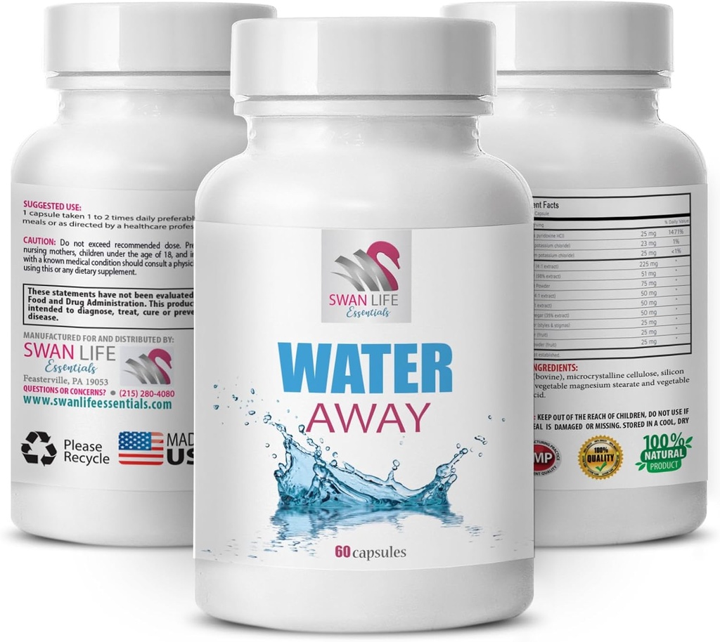 Bien-être à base de plantes - WATER AWAY - Formule diurétique, Support de l'eau, Balance des fluides naturels, Capsules diurétiques, Balance des fluides à base de plantes, Support naturel, Supplément de solde de l'eau 1 bouteille 60 Capsules