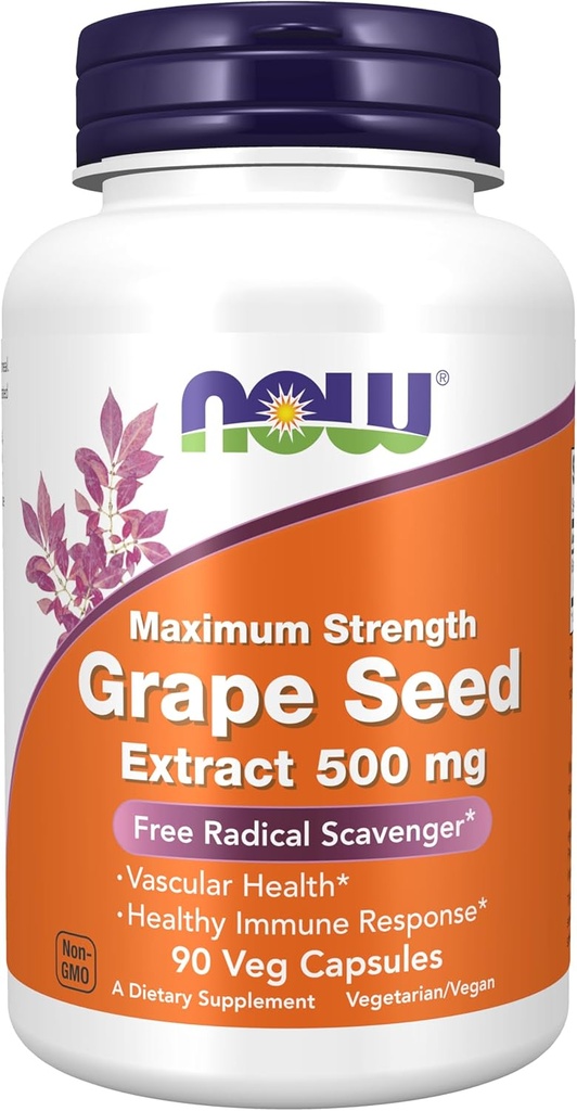 MAINTENANT suppléments, extrait de graines de raisin, concentration maximale 500 mg (extrait hautement concentré avec un minimum de 90% de polyphénols), 90 capsules de légumes