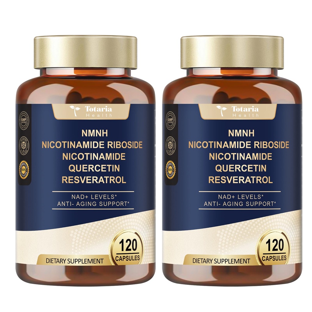Totaria NMNH (Dihydronicotinamide Mononucléotide), Supplément NMNH avec/Niacinamide (Vitamine B3), Quercetin, Trans-Resvératrol, Soutien NAD+, Anti-Aging, Santé et énergie des cellules de la peau, 240 Compte