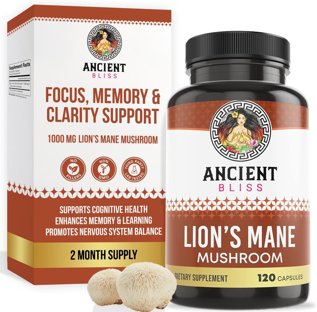 Ancien supplément de la Manille de Lion de Bliss (2 mois d'approvisionnement)- 120 capsules de champignons végétaliens- peut soutenir la clarté mentale, l'énergie et la mise au point de mai- Mémoire et soutien immunitaire supplément de champignons