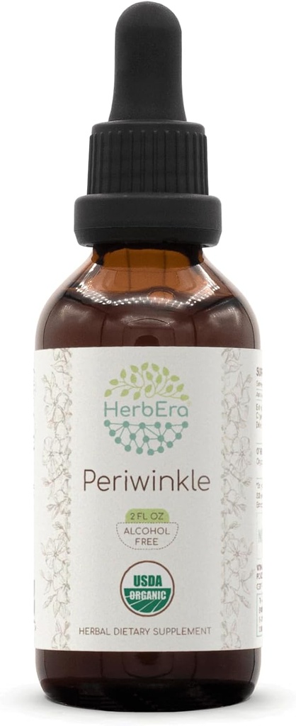 HerbEra Periwinkle B60 USDA Teinture biologique (extrait sans alcool, gouttes à base de plantes de haute puissance) Periwinkle biologique certifié (Vinca Major) Herb séchée (2 oz)