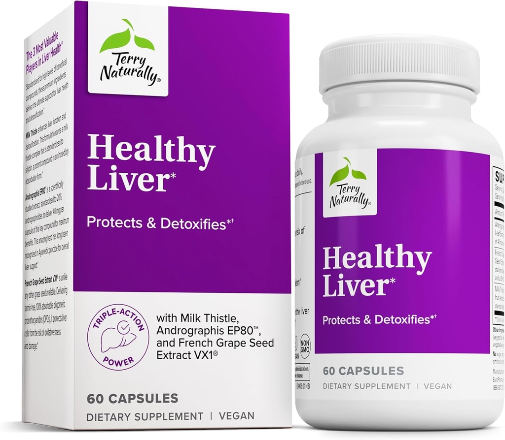 Terry naturellement sain foie - Supplément de la fonction hépatique et du soutien de la santé - Soutien de la santé cellulaire avec Andrographis EP80 et extrait de graines de raisins français - Supplément alimentaire sans gluten - 60 capsules