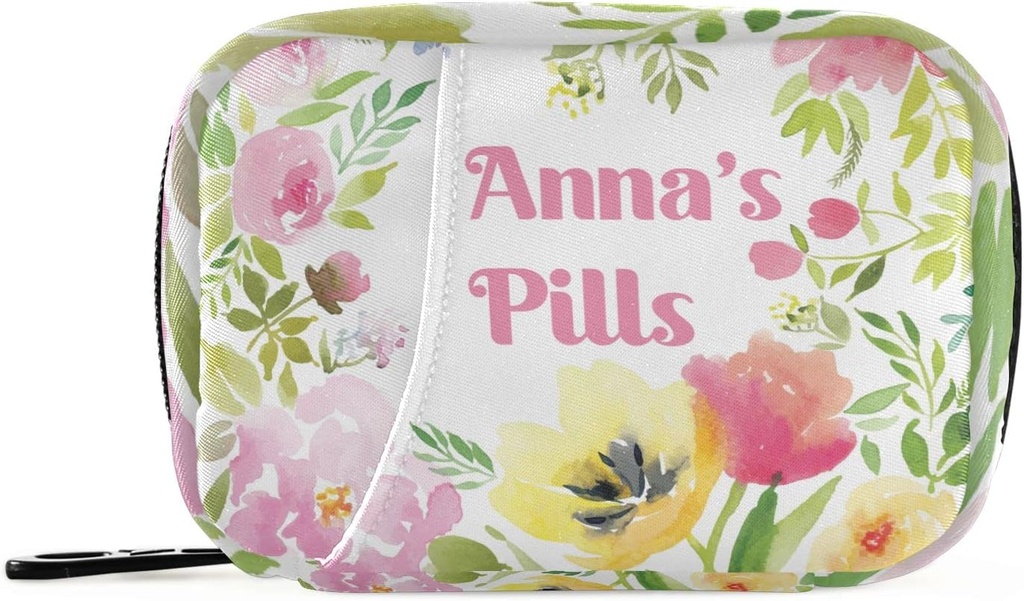 Custom Pill Box 7 Day Pill Case Bag Aquarelle Florale Nom personnalisé Travel Pill Organizer Bag with Zipper Portable Weekly Case Compact Size for Vitamine Supplement Holder