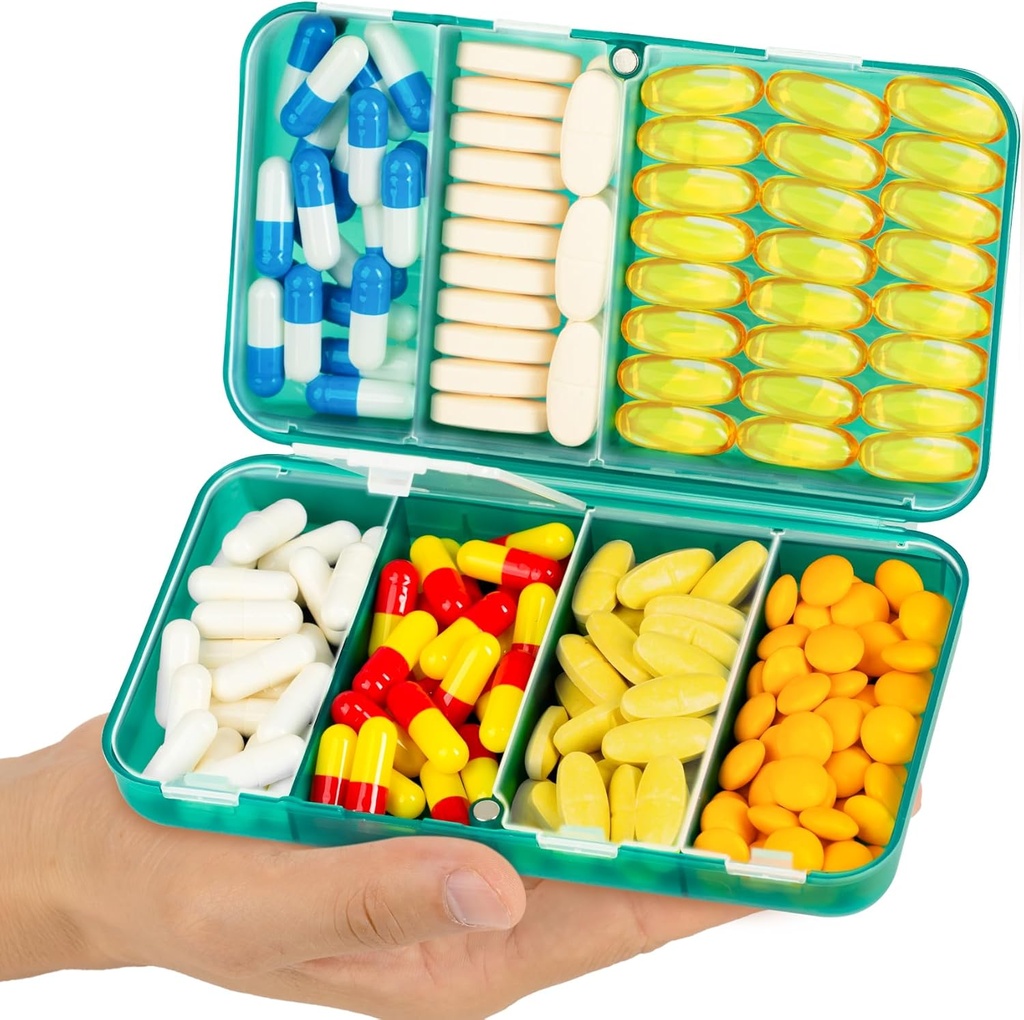 Organisateur de pilules magnétiques Yaklim, 7 compartiments Pill Box portable, grand organisateur de vitamines avec étiquettes, organisateur quotidien de médicaments pour les pilules, grand organisateur de supplément Pill Container vert