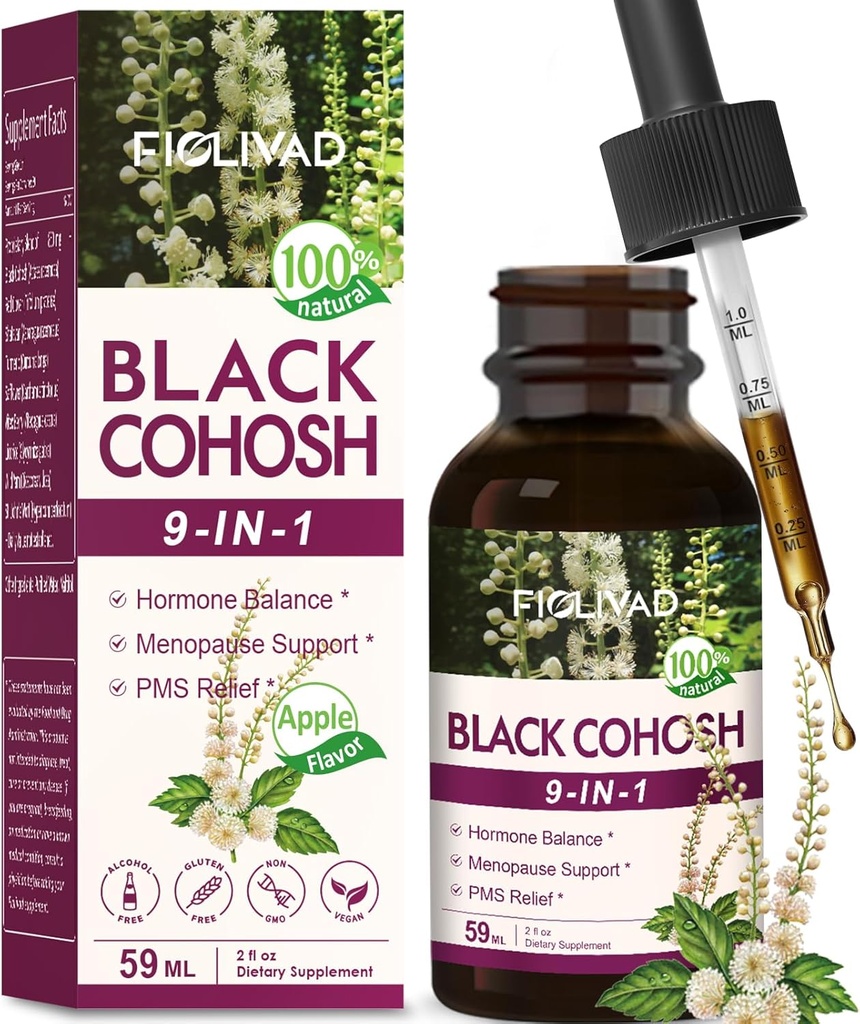 Black Cohosh gouttes, mélange d'extrait à base de plantes pour l'équilibre hormonal, le soutien de la ménopause et le soulagement du SPM. 2oz-(Apple Flavor)