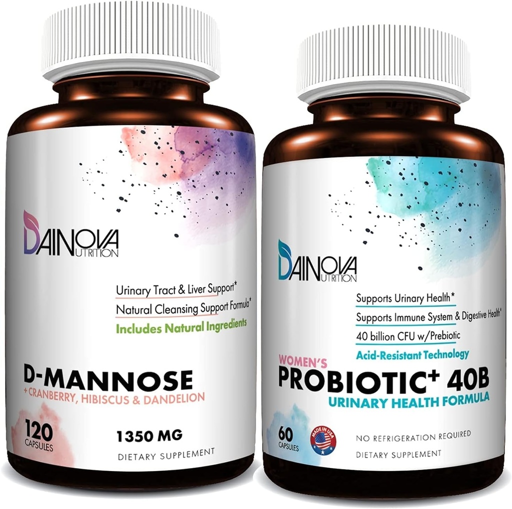 D Capsules de mannose et probiotiques pour les femmes Bundle I Urinary Tract + Vaginal Health Support I UTI et lutte contre l'infection des levures I Vegan, sans gluten I Made in USA