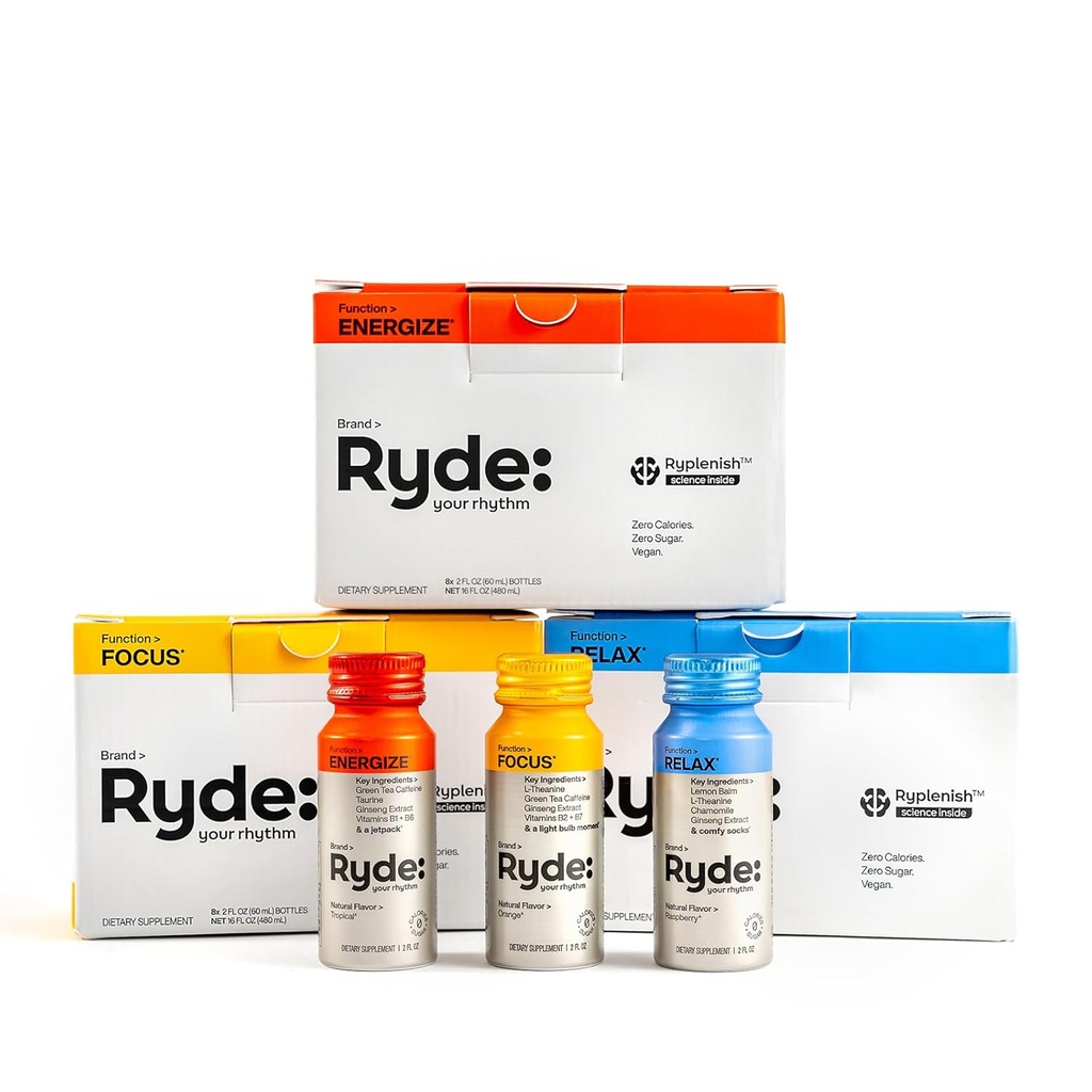 Ryde: Discovery Pack (Energize, Focus & Relax Shots) Thé vert Caféine, Taurine, Ginseng, B Vitamines, L-Theanine, Baume de citron, Camomille (en anglais seulement) 0 Calories, 0 Sucre (en anglais seulement)