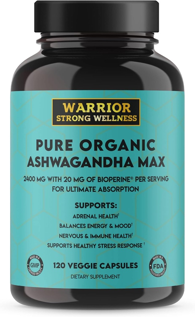Capsules d'Ashwagandha bio pures avec Bioperine - 2400 mg - 120 Capsules - Healthy Stress Response and Mood Boost, Immune Health, Better Sleep