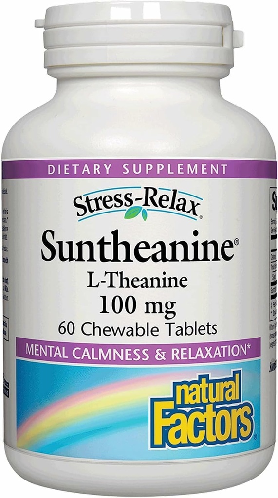 Facteurs naturels Suntheanine L-Theanine 100 mg - Supplément santé pour une perspective calme - Supplément L-Theanine soutient le sommeil relaxant et aide contre la somnolence - 60 comprimés à croquer (30 portions)