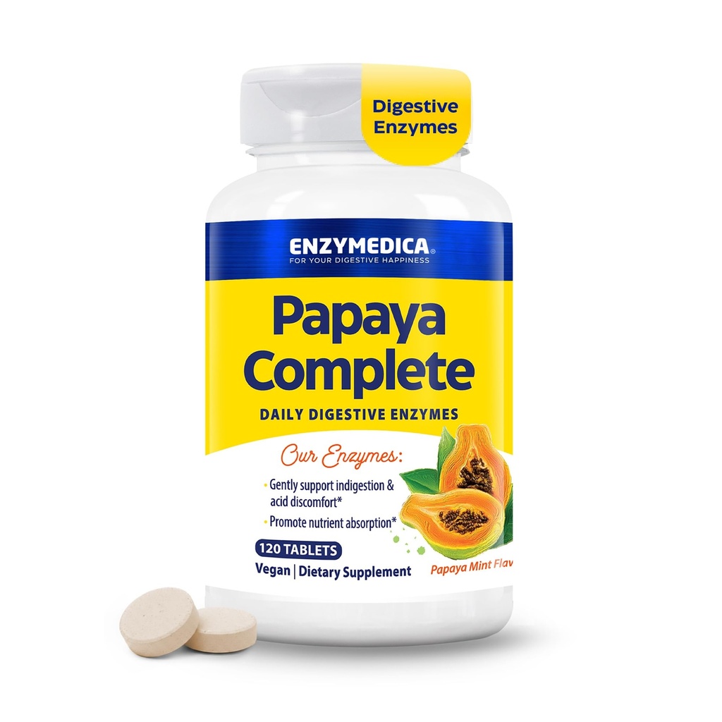 Enzymedica Papaya Enzymes Chewable, Enzymes digestives pour les femmes et les hommes, avec Jus de papaye biologique et chlorophylle, Bromélain haute puissance et Papaine, Vegan, Mint Flavor, 120 comprimés