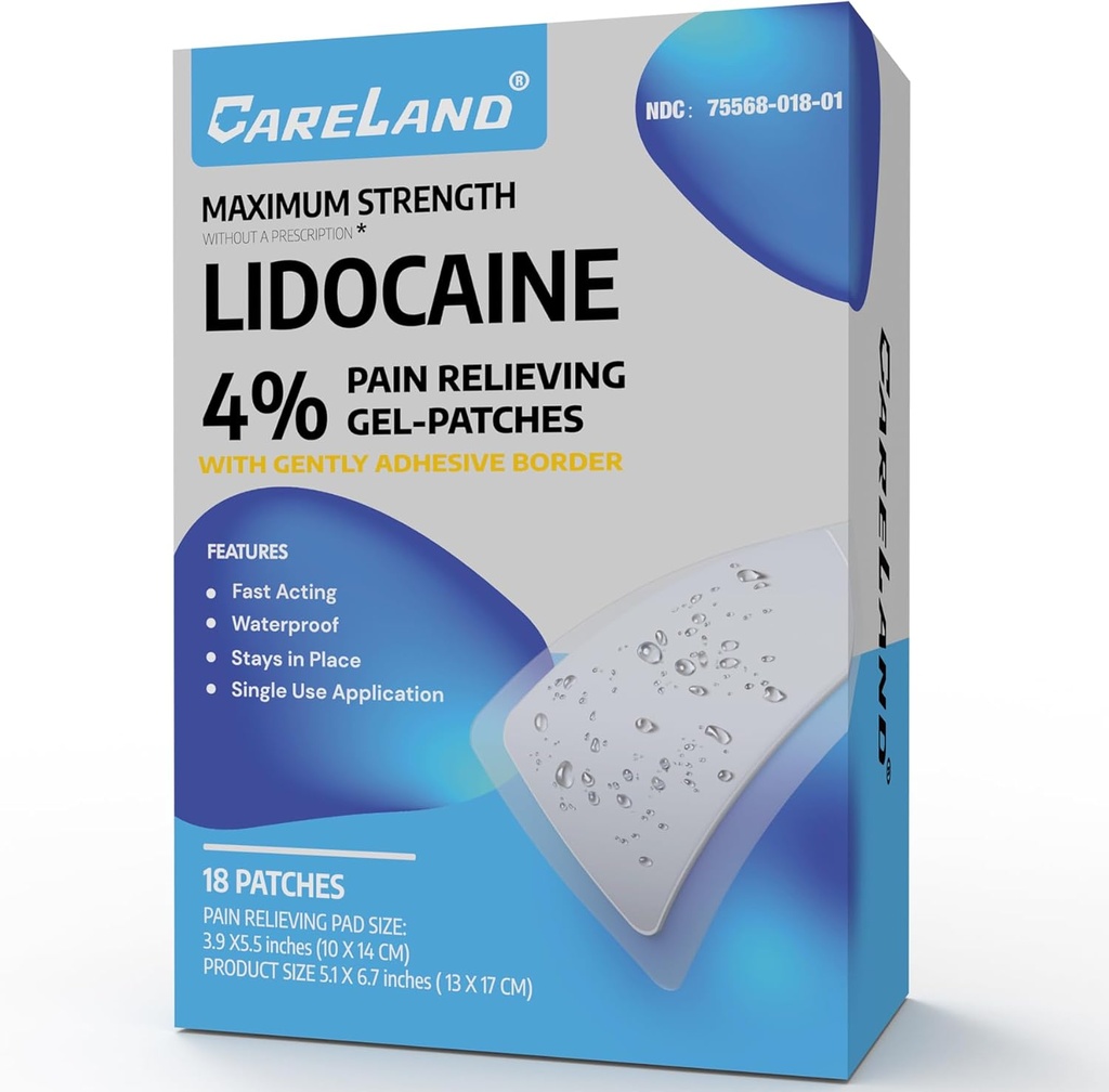 CARELAND 4% Patchs Lidocaine 18 Pcs Imperméable Résistance maximale Back Pain Relief Products Patchs with Strong Adhesive Border, for Neck Knee Nerve Epaule Relief Muscle Relief, Super Sticky