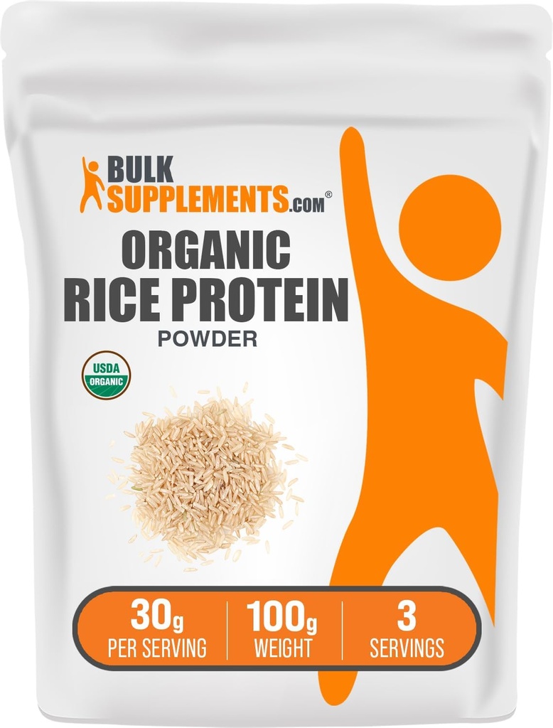 BulkSupplements.com Poudre de protéines de riz biologique - Protéine végétale, non aromatisée - Sans végétalien et sans gluten, 30g par portion, 100g (3.5 oz) (paquet de 1)